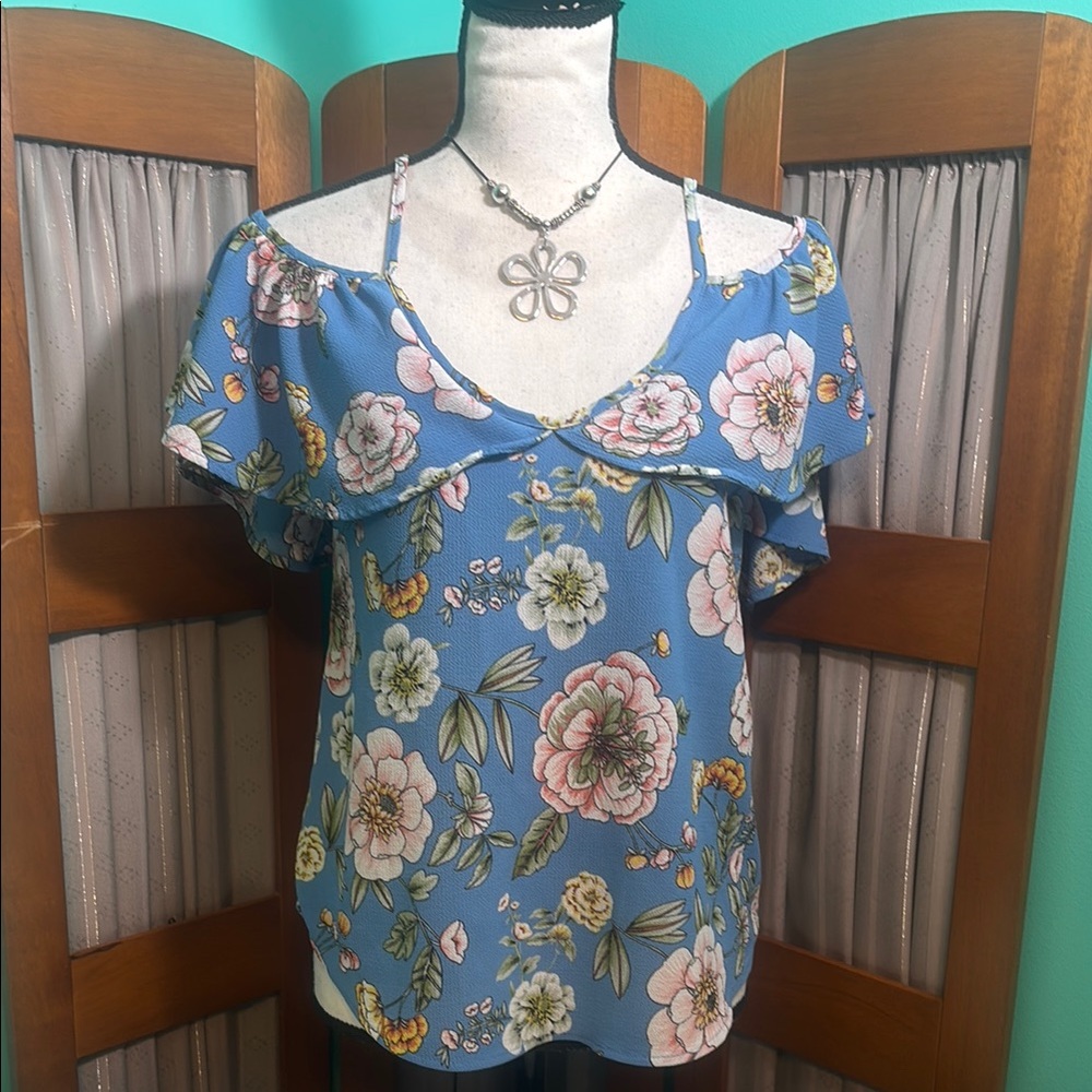 Pink and Blue Ruffled Floral Blouse